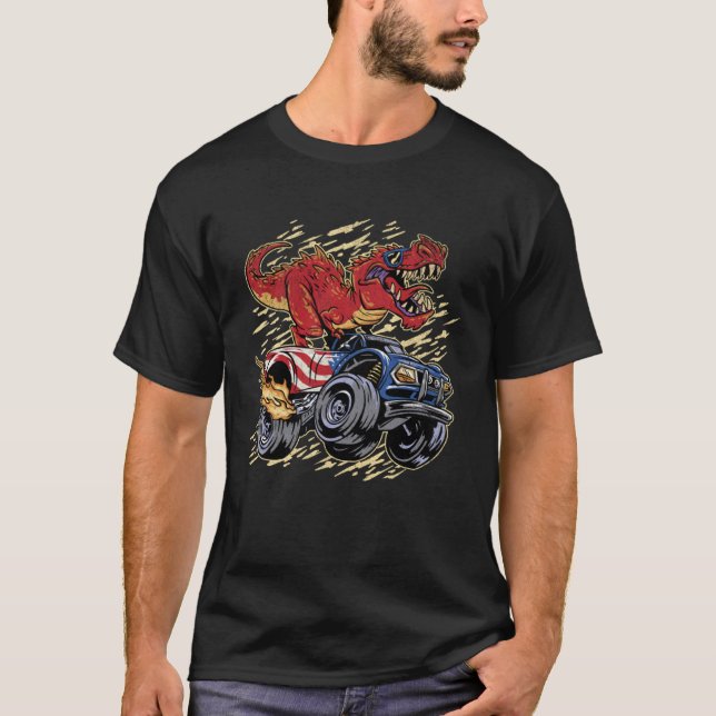 T rex Dinosaur Riding a Monster Truck Cool America T-Shirt (Front)