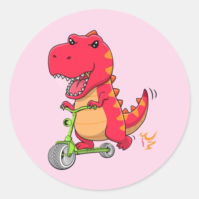 T-rex Dinosaur Riding A Scooter Classic Round Sticker (Front)