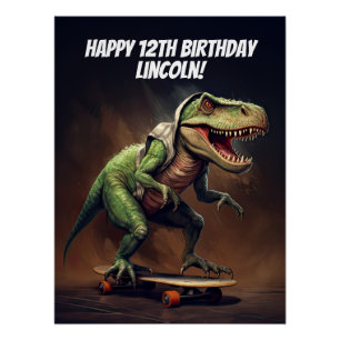 T-Rex Dinosaur Riding a Skateboard Birthday Party Poster