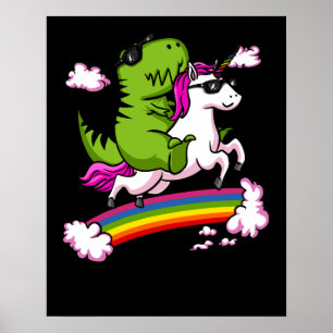 T-Rex Dinosaur Riding Magical Unicorn Rainbow Poster