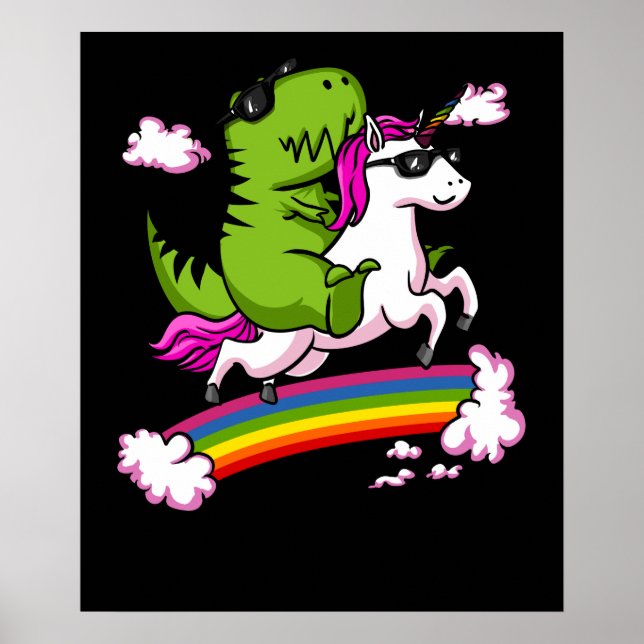 T-Rex Dinosaur Riding Magical Unicorn Rainbow Poster (Front)