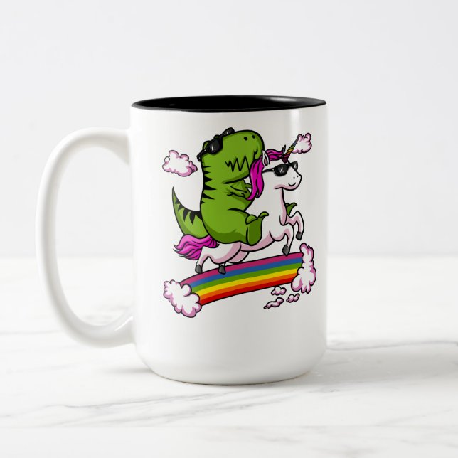 T-Rex Dinosaur Riding Magical Unicorn Rainbow Two-Tone Coffee Mug (Left)