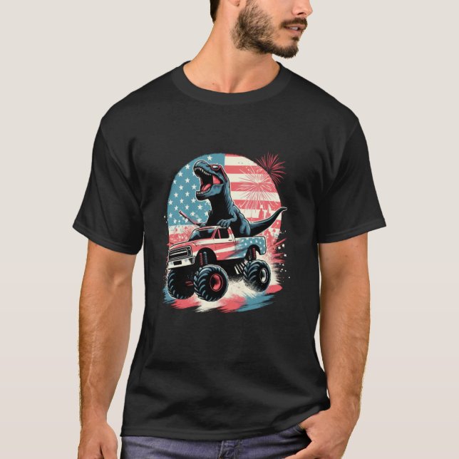 T Rex Dinosaur Riding Monster Truck Car USA Flag 4 T-Shirt (Front)