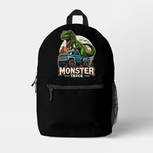 T Rex Dinosaur Riding Monster Truck Printed Backpack (Front)