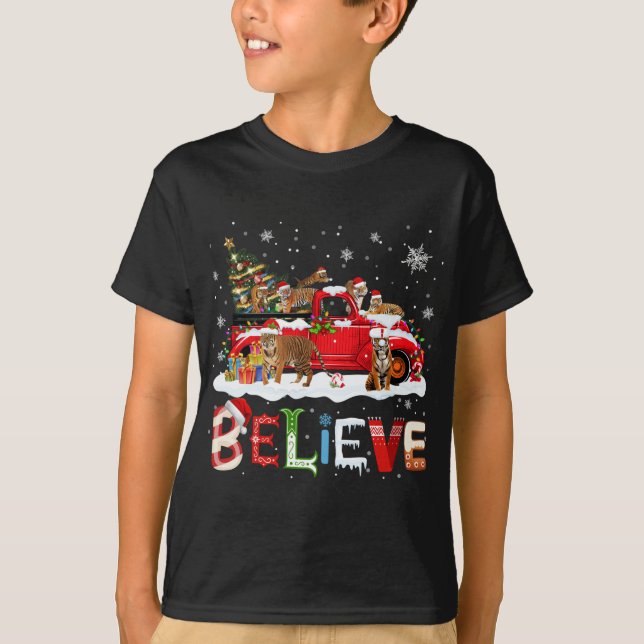 T-rex Dinosaur Riding Red Truck Merry Christmas X- T-Shirt (Front)