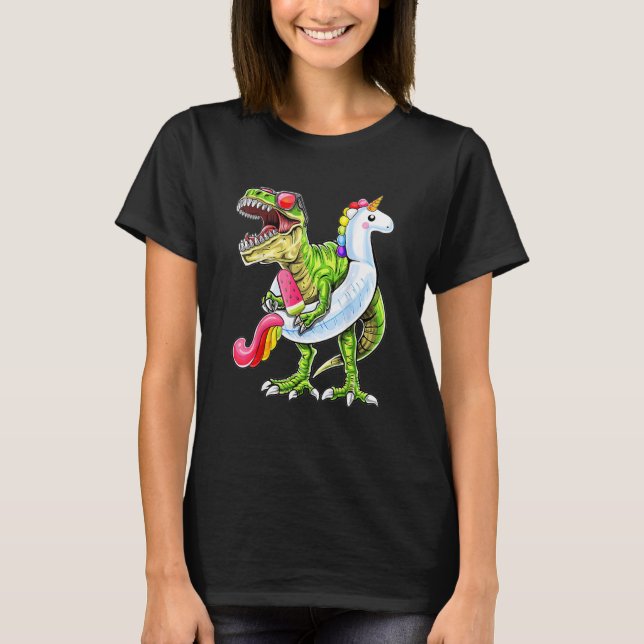 T-Rex Dinosaur Riding Unicorn Float Pool Party Fun T-Shirt (Front)