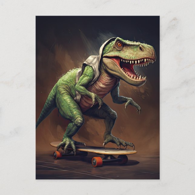 T-Rex Dinosaur Rising a Skateboard Birthday Party Postcard (Front)