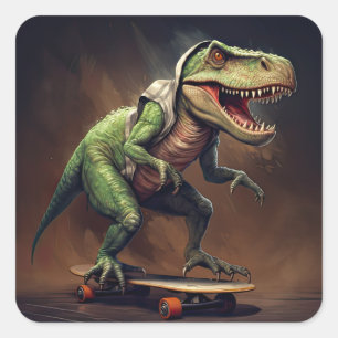 T-Rex Dinosaur Rising a Skateboard Birthday Party Square Sticker
