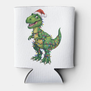 T-Rex Dinosaur Santa Hat Christmas Lights Funny Can Cooler