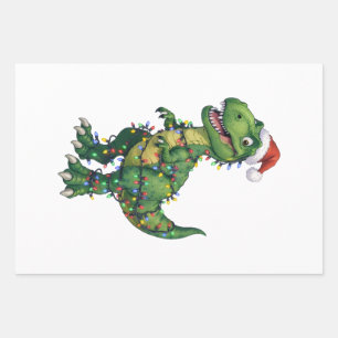 T-Rex Dinosaur Santa Hat Christmas Lights Funny Wrapping Paper Sheet