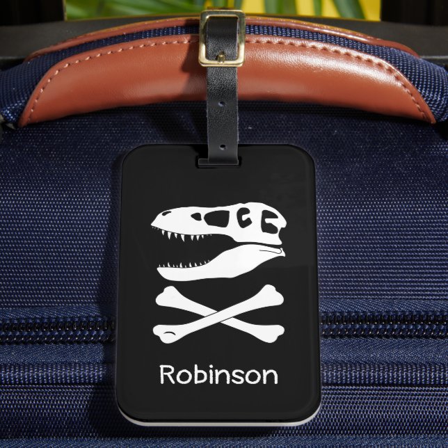 T. rex Dinosaur Skull Pirate Flag Luggage Tag (Front Insitu 2)