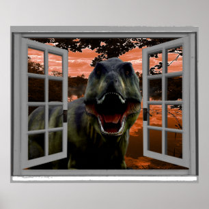 T-Rex Dinosaur Sunset View Faux Window Poster
