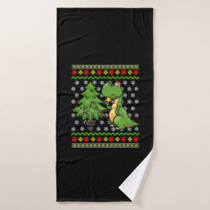 T-Rex Dinosaur Tree Ugly Christmas Bath Towel