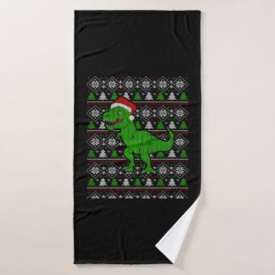 T Rex Dinosaur Ugly Christmas Sweater Bath Towel