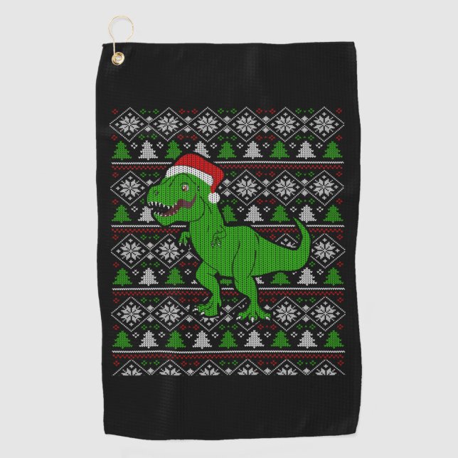T Rex Dinosaur Ugly Christmas Sweater   Golf Towel (Front)