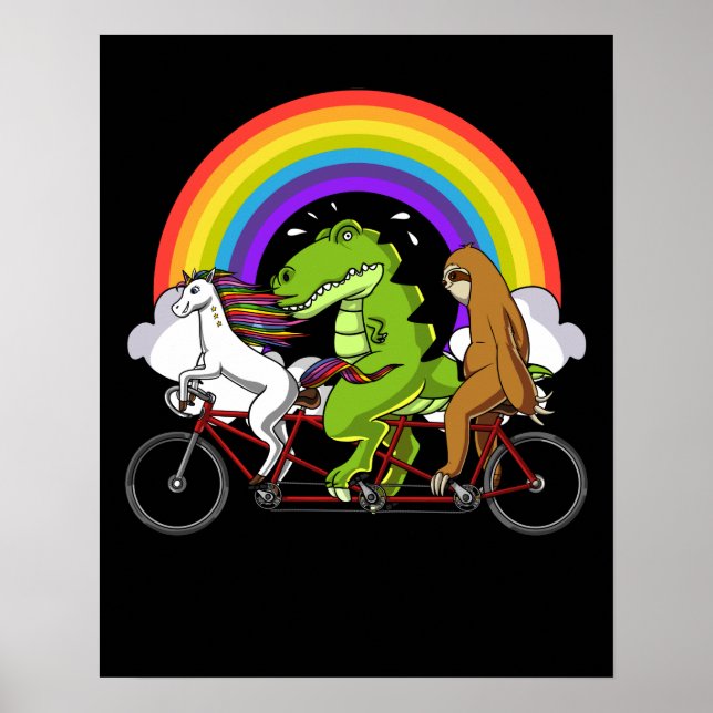 T-Rex Dinosaur Unicorn Sloth On Bicycle Rainbow Poster (Front)