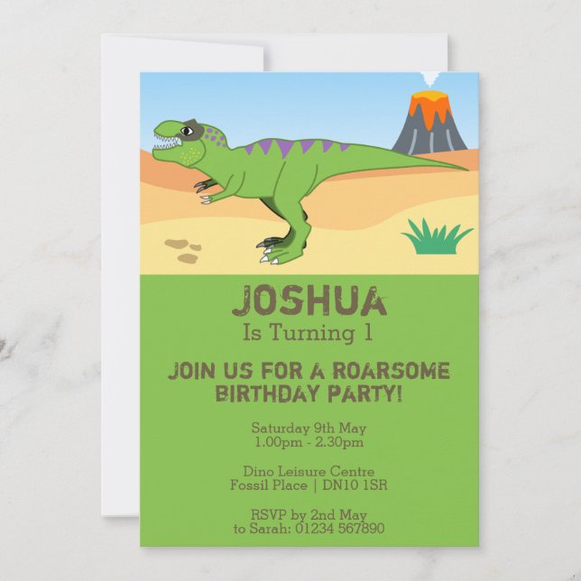 T-Rex Dinosaur & Volcano 1st Birthday Party Invitation (Front)
