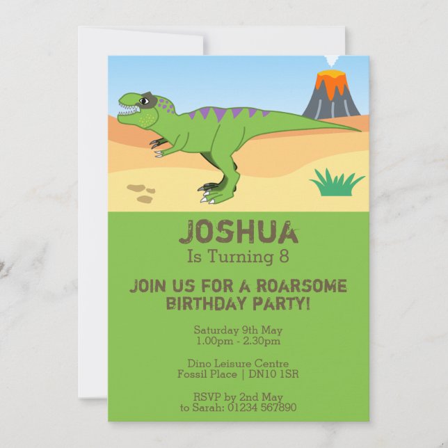 T-Rex Dinosaur & Volcano 8th Birthday Party Invitation (Front)