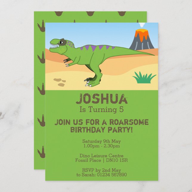 T-Rex Dinosaur & Volcano Birthday Party Invitation (Front/Back)