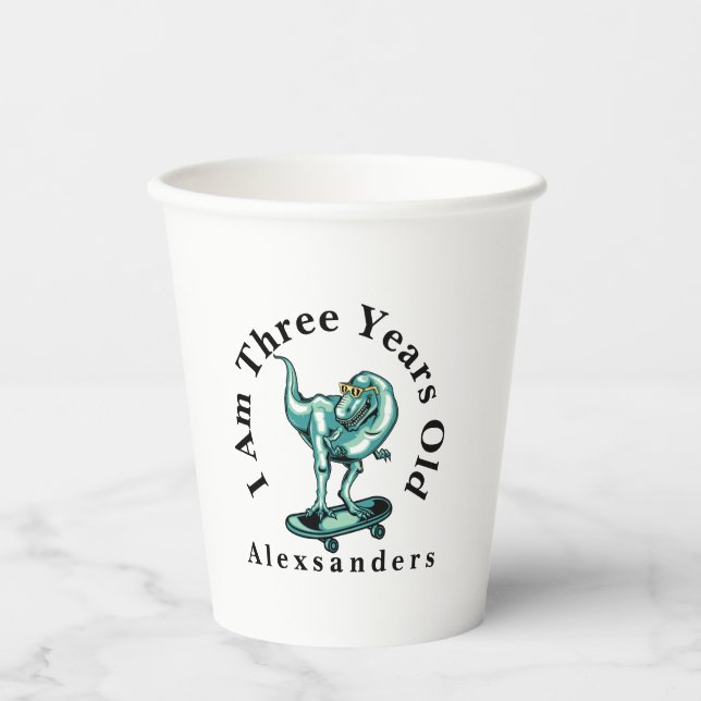 T Rex Dinosaur w/ name, I am 3 years old Toddler Paper Cups (Front)
