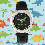 T rex dinosaur watch personalised with kids name<br><div class="desc">Green trex dinosaur watch personalised with kids name or monogram letter. Cute prehistoric t rex timekeeper clock design for little boys birthday party. Make one for son,  grandson,  new baby,  grandchild etc. Wild Pre historic t-rex animal cartoon illustration for children. Tyrannosaurus rex.</div>