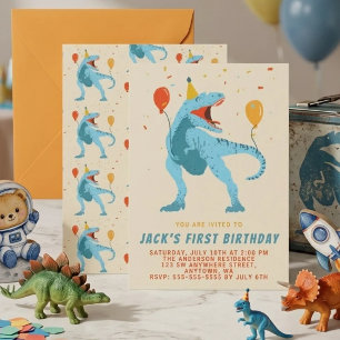 T-Rex Dinosaur Watercolor Birthday Party Invitation