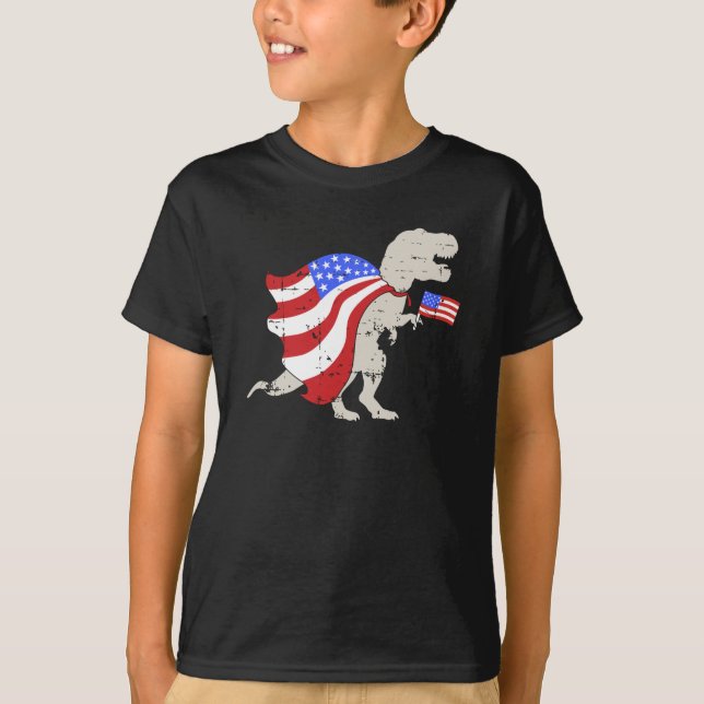 T-Rex dinosaur with american flag Independence day T-Shirt (Front)
