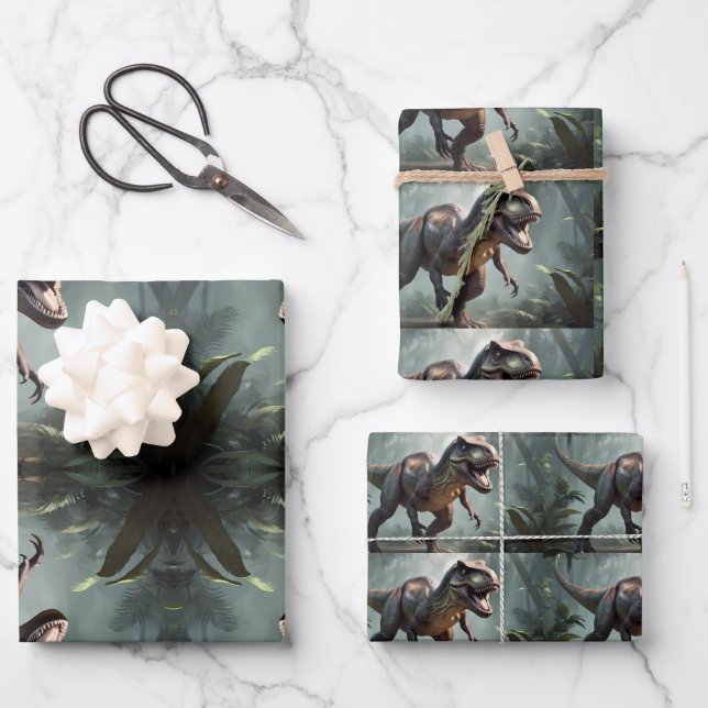 T-Rex Dinosaur Wrapping Paper Flat Sheet Set of 3 (Front)