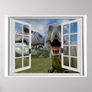 T-Rex Dinosaurs Faux Window View Poster