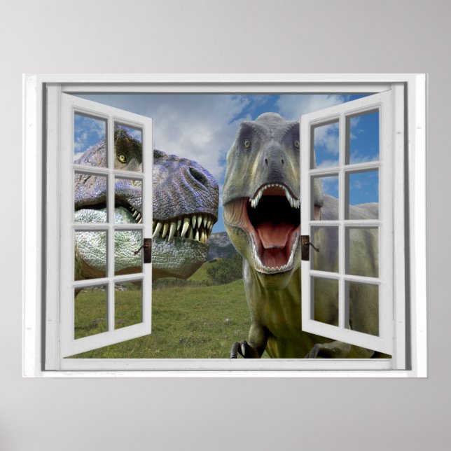 T-Rex Dinosaurs Faux Window View Poster (Front)