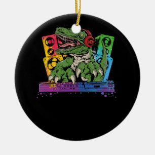 T Rex DJ Party Club Disc Jockey Shirt EDM Dance Cl Ceramic Tree Decoration