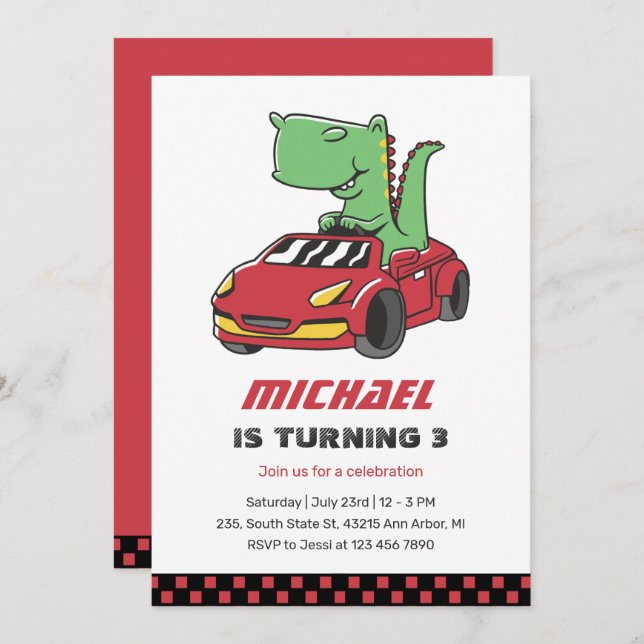 T-Rex Driver Race Car Kids Boys Birthday Invitation (Front/Back)