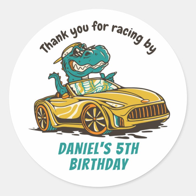 T-Rex Driving Race Car Kids Boys Birthday Party Classic Round Sticker (Front)