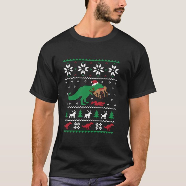 T Rex Eating Reindeer Funny Dinosaur Christmas Ugl T-Shirt (Front)