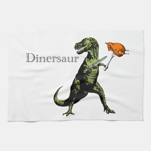 T-Rex eats chicken with knife & fork: A Dinersaur… Tea Towel (Horizontal)