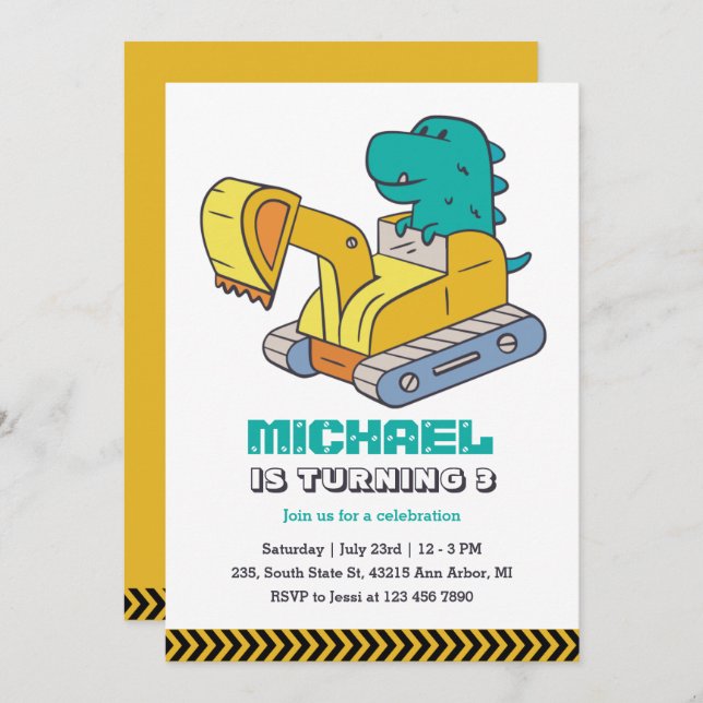 T-Rex Excavator Builder Construction Kids Birthday Invitation (Front/Back)