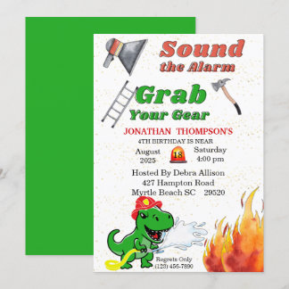 T Rex Firemans 4th Birthday Party Invitation