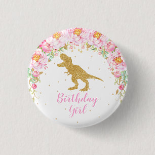 T-Rex Floral Dinosaur Birthday Girl Guest of Honor 3 Cm Round Badge