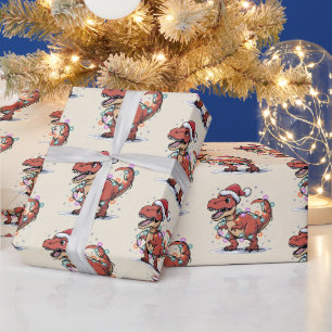 T‑Rex Funny Boy Christmas Lights Wrapping Paper
