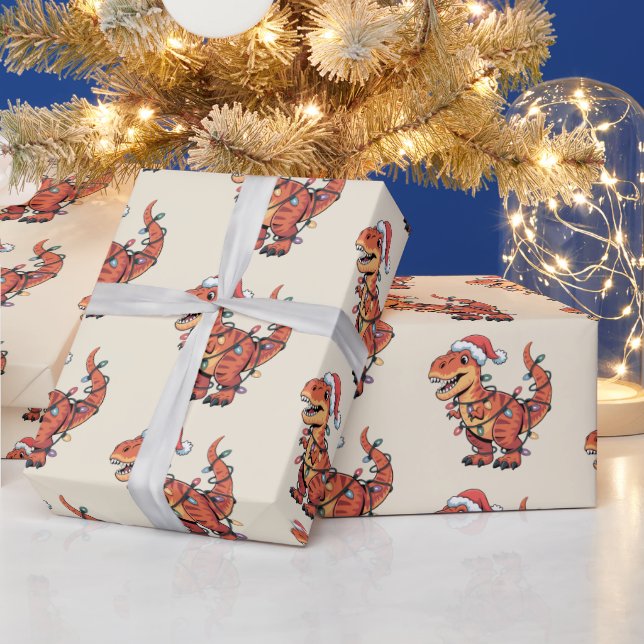 T‑Rex Funny Boy Christmas Lights Wrapping Paper (Holidays)