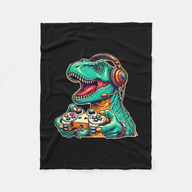 T-rex Gaming With Headset Funny Dinosaur Gamer Gra Fleece Blanket (Front)