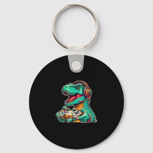 T-rex Gaming With Headset Funny Dinosaur Gamer Gra Key Ring