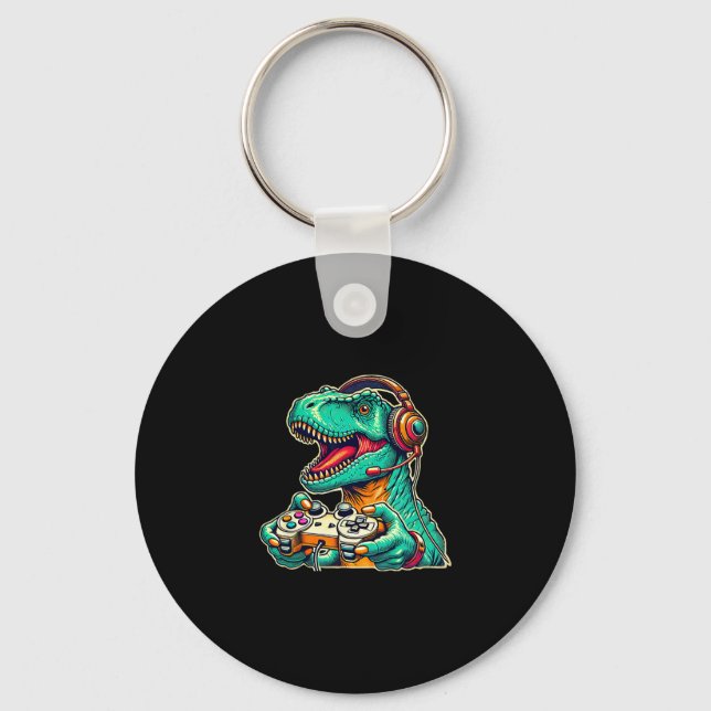 T-rex Gaming With Headset Funny Dinosaur Gamer Gra Key Ring (Front)