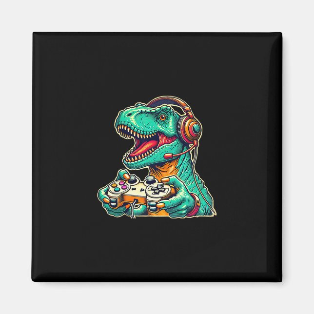 T-rex Gaming With Headset Funny Dinosaur Gamer Gra Magnet (Front)
