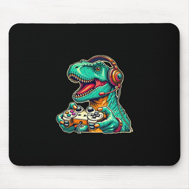 T-rex Gaming With Headset Funny Dinosaur Gamer Gra Mouse Mat (Front)