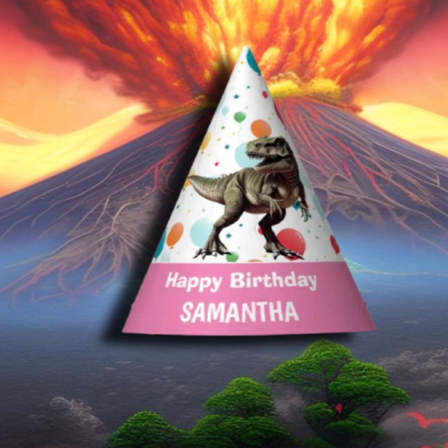 T Rex Happy Birthday Pink Party Hat (popular dinosaur gifts available on Zazzle)