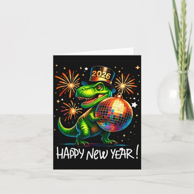 T Rex Happy New Year 2026 Disco Ball Fireworks Tee Card (Front)
