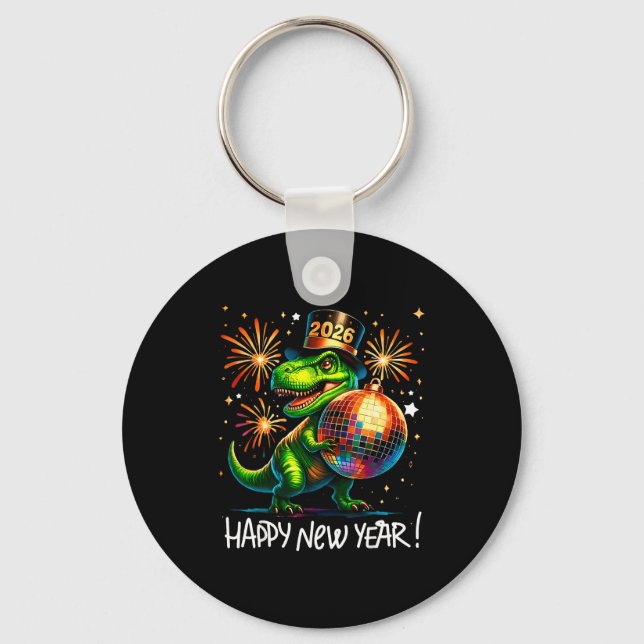 T Rex Happy New Year 2026 Disco Ball Fireworks Tee Key Ring (Front)