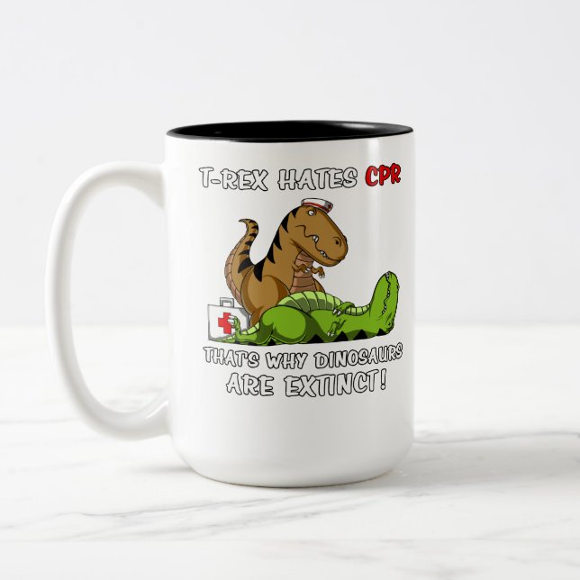 T-Rex Hates CPR That Is Why Dinosaurs Are Extinct Two-Tone Coffee Mug (Left)