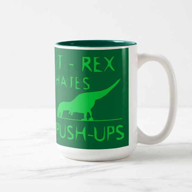 T REX HATES PUSHUPS Funny Dino Design Two-Tone Coffee Mug (Right)